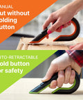 Slice 10400 box cutter by Amazon; orange/black manual model on top, green/black auto-retractable model bottom