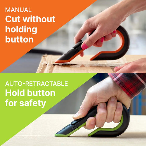 Slice 10400 box cutter by Amazon; orange/black manual model on top, green/black auto-retractable model bottom