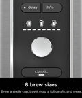 Control panel of Hot And Iced XL Coffee Maker With Rapid Cold Brew Four Brew Styles Eight Cup Sizes From Small Cup To Travel Mug Barista Grade Single Serve Brewer 12 Cup Carafe Permanent Filter Removable Reservoir Black CM371