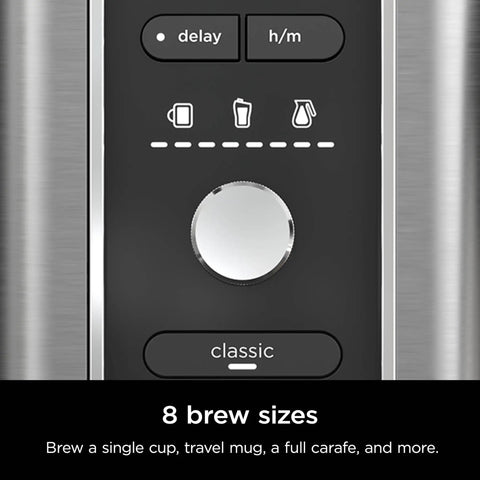 Control panel of Hot And Iced XL Coffee Maker With Rapid Cold Brew Four Brew Styles Eight Cup Sizes From Small Cup To Travel Mug Barista Grade Single Serve Brewer 12 Cup Carafe Permanent Filter Removable Reservoir Black CM371