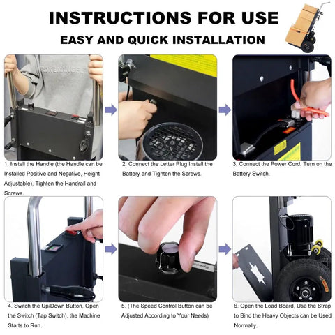 Instructions for use showing setup steps for Heavy Duty Electric Stair Climbing Hand Truck With Telescoping Handle Built With Tough Carbon Steel For Moving Furniture Appliances And Gear Around The House Or Warehouse Smooth Ride.