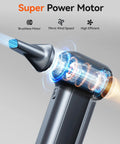 Close-up of MegaFlow100 Cordless Electric Air Duster with 150000 RPM Turbo Power Brushless Motor showing wind speed and efficiency.