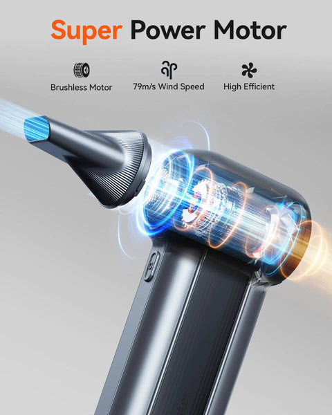 Close-up of MegaFlow100 Cordless Electric Air Duster with 150000 RPM Turbo Power Brushless Motor showing wind speed and efficiency.
