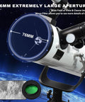 Portable 76mm Aperture 700mm Focal Length Reflector Telescope With AZ Mount for Beginners showing moon filter and lens detail