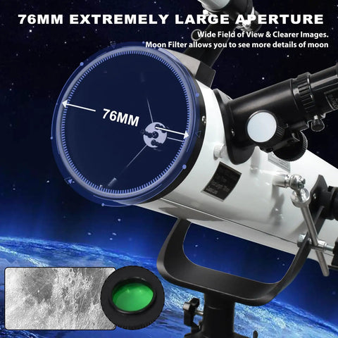 Portable 76mm Aperture Reflector Telescope with 700mm Focal Length, close-up of moon filter and eyepiece attachment