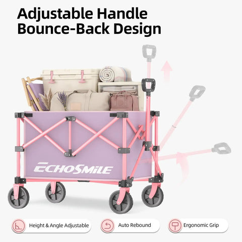 Lightweight Collapsible Wagon Cart for Grocery Camping and Sports with Easy Fold Design in pink and purple, loaded with items.