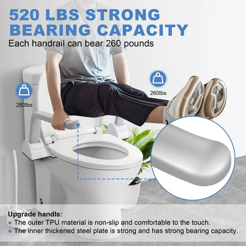Heavy Duty Toilet Safety Rails For Seniors Featuring Rock Solid Stainless Steel Handles And Upgraded Wall Anchors For Dead Tight Bathroom Support And Steady Confidence with a user demonstrating the sturdy support.