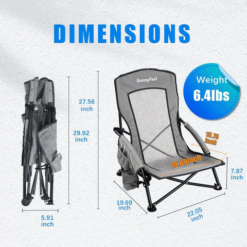 Low Profile Folding Beach Chair Twin Pack With Mesh Back and Cup Holder dimensions and weight details.