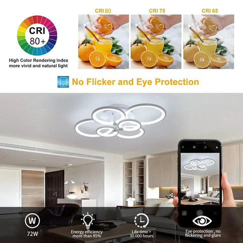 72W LED Ceiling Light Fixture With Remote Control Six Heads Modern Acrylic Chandeliers Dimmable Flush Mount Lamp Color Temperature 3000K To 6500K Sweet For Dining Room Bedroom And Kitchen Lighting shown in a modern living room with energy efficiency and CRI ratings displayed.