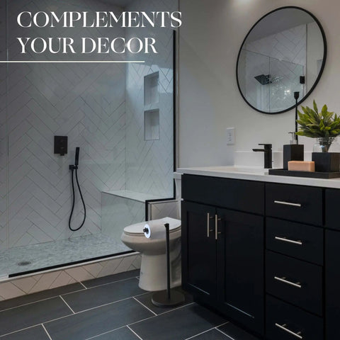 Free Standing Toilet Paper Holder Stand For 4 Rolls In Matte Black Stainless Steel next to shower in modern bathroom.