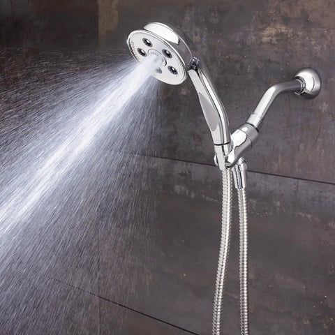 Premium Handheld Shower Head With AnyStream 360° Technology spraying water, mounted on a bathroom wall.