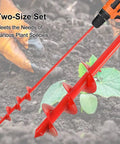 Garden Auger Drill Bit For Planting Set Of 2 Earth Spiral Drill Bits for Three Eighths Inch Hex Drive Drills shown in soil.