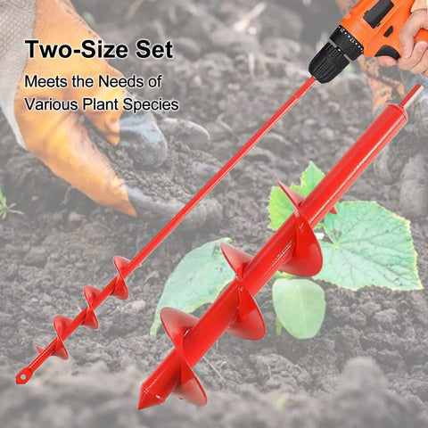 Garden Auger Drill Bit For Planting Set Of 2 Earth Spiral Drill Bits for Three Eighths Inch Hex Drive Drills shown in soil.