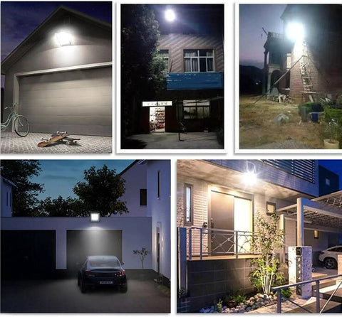 JUDYSSY 800W Solar Floodlight Outdoor Spotlight Ip66 Waterproof with Remote Control illuminating various outdoor locations.