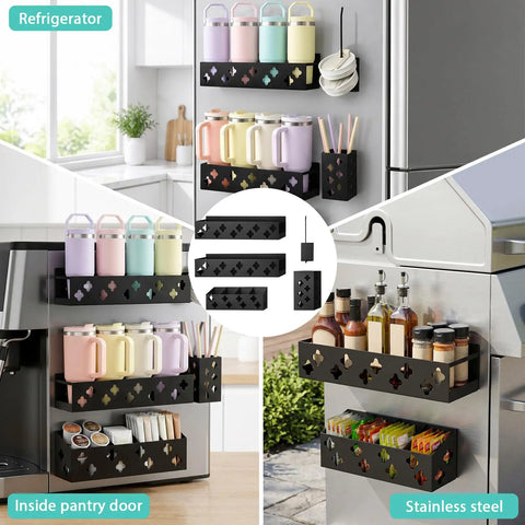 Magnetic Fridge Bottle Organizer And Cup Holder Kit For 30-40 Oz Tumblers, Lid And Straw Storage in kitchen setting