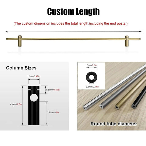 Custom length premium aluminum shelf brackets for use with various column sizes, showing tube diameters and finish options.