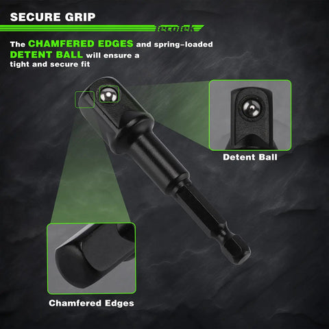 Close-up of drill socket adapter with detent ball and chamfered edges from Heavy Duty Workhorse Half Inch Drive Shallow 12-Point Metric Impact Socket Set, 15-Piece, Cr-V Chrome Vanadium, 11mm To 32mm, Drill Socket Adapter Included, Drop-Forged Construction For Tough Jobs.