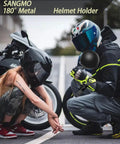 People with motorcycles and helmets, showcasing riding gear. No visible 180 Degree Rotating Motorcycle Helmet Rack Wall Mount Heavy Duty Metal Helmet Holder.
