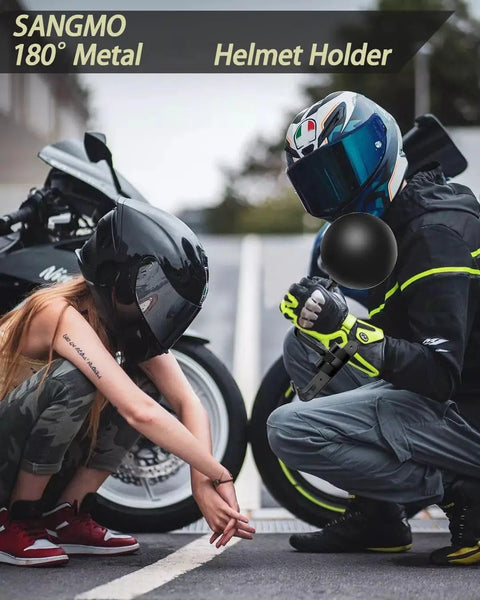People with motorcycles and helmets, showcasing riding gear. No visible 180 Degree Rotating Motorcycle Helmet Rack Wall Mount Heavy Duty Metal Helmet Holder.