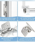 Soft Close 1/2 Overlay Brushed Nickel Kitchen Cabinet Door Hinges for Face Frame Cabinets, showcasing rust-resistant construction and opening angles.