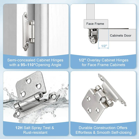 Soft Close 1/2 Overlay Brushed Nickel Kitchen Cabinet Door Hinges for Face Frame Cabinets, showcasing rust-resistant construction and opening angles.