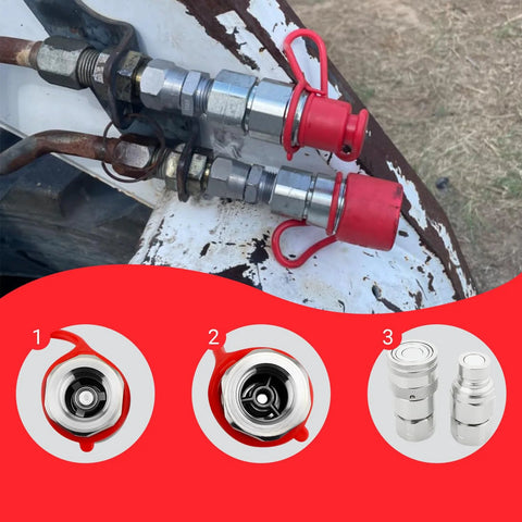 Two 1/2 in NPT skid-steer hydraulic quick-connect couplers with red dust caps, ISO16028 flat-face, 5076 PSI