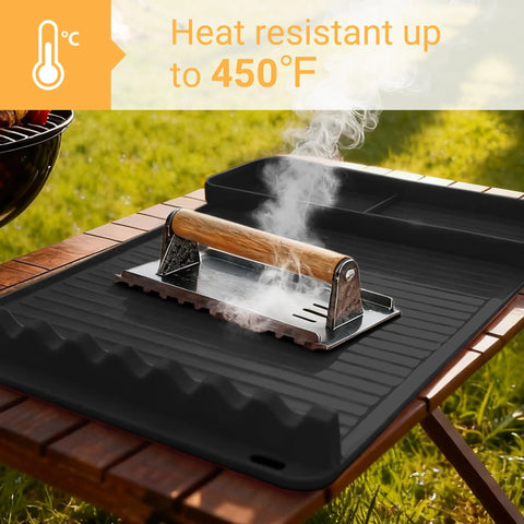 Silicone Grill Mat For Blackstone Griddles And Outdoor Grills, Heat Resistant To 450°F, Black, on wooden table outdoors