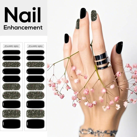 Semi Cured Gel Nail Strips And Wraps 20 Piece Kit For DIY Manicure with UV LED Lamp in black and glitter designs