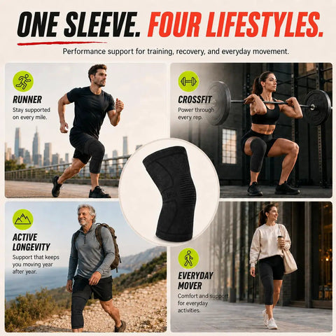 Gym Rat Approved Unisex Compression Knee Support Sleeve Boasting Four Way Stretch Fabric For Peak Flexibility and Serious Joint Armor During Heavy Lifting Sessions and Everyday Hustle In Sleek Black Medium Cut showcased in various lifestyle scenarios.