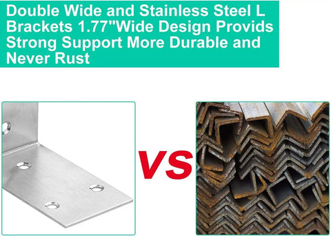 Comparison of heavy duty stainless steel L brackets and rusted metal angles, showing durability and rust resistance.