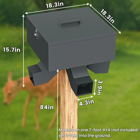 Heavy Duty Gravity Deer Feeder Rock Solid 80 Pound Capacity Automatic Hunting Box dimensions on a post, rust proof galvanized steel construction.