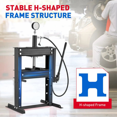 10 Ton H Frame Hydraulic Shop Press With Dual Press Plates Adjustable Work Table Height Heavy Duty Garage Floor Press For Auto Repair And Metal Fabrication Includes Precise Pressure Monitoring Black