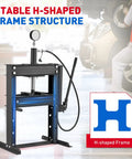 10-Ton Hydraulic Shop Press With Gauge And Press Plates, H-Frame Garage Hydraulic Press, shown in a garage setting.