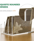 Clear Acrylic 3 Compartment Mail Holder And Desk Organizer For Bills Documents And Notebooks Vertical Letter Sorter with rounded corners.