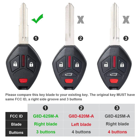 Comparison of Mitsubishi Outlander 2007 2016 3 Button Key Fob Replacement Keyless Entry with different blade types
