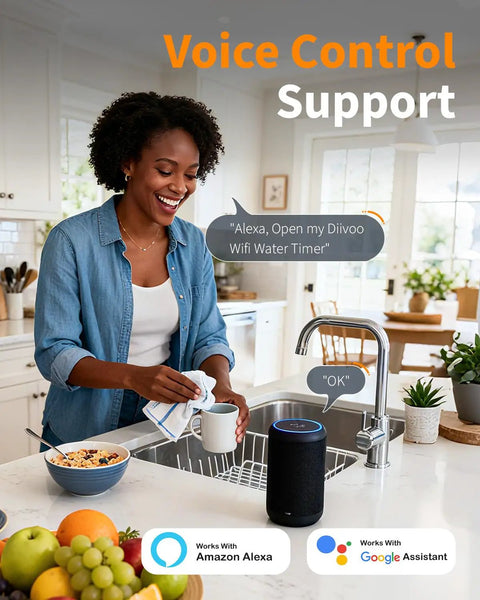 Person using Alexa voice control with 4 Zone WiFi Hose Timer With Brass Inlet For Garden Irrigation in a kitchen setting.