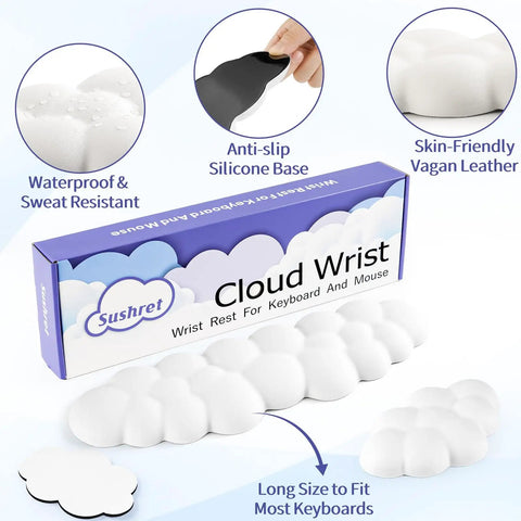 Cloud Wrist Rest Keyboard Pad With Memory Foam And PU Leather For Palm Support shown in packaging, anti-slip base visible