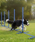 Dog navigating 6 Weave Poles Or 2 Hurdles Convertible Dog Agility Set For Indoor And Outdoor Training in a backyard setting