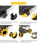 Assembly process for mecanum wheel robotics kit showcasing step-by-step chassis assembly with screws, nuts, and motors.