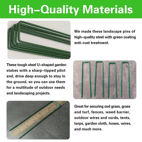 Heavy Duty Green Landscape Staples 50 Pack 6 Inch Garden Stakes For Turf And Ground Fabric 11 Gauge Galvanized Lawn Pins Ideal For Weed Barrier Sod Fences Irrigation Tubing And Outdoor DIY Projects