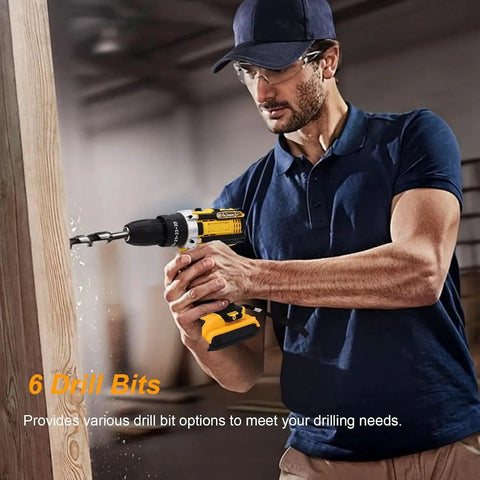 Tough As Nails 21v Cordless Drill Tool Kit With Dual Rechargeable Batteries And Six Precision Bits Ergonomic Grip for easy drilling in wood.