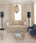 Living room with Universal Floor Speaker Stands For Surround Sound Up To 22 Lbs With 27.56 Inch Height And 45 Degree Adjustable Top Plate