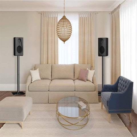Living room with Universal Floor Speaker Stands For Surround Sound Up To 22 Lbs With 27.56 Inch Height And 45 Degree Adjustable Top Plate
