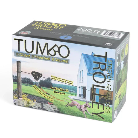 Packaging for Xtreme Trolley Anti Shock Aerial Dog Runner With Heavy Duty Pulley System, DIY Backyard Zipline Kit For Dogs.
