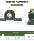 Front and side view of SACKORANGE UCP201-8 pillow block bearing with green cast-iron base and 1/2 in bore
