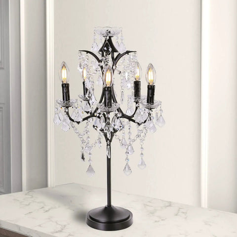 Dope Farmhouse Crystal Table Lamp With Five Candelabra Lights Black Finish 30 Inches Tall featuring crystal droplets on table