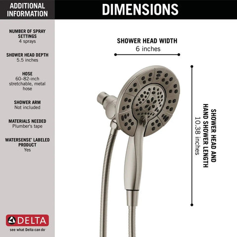 4-Setting In2ition 2-In-1 Dual Shower Head With Handheld Spray, Brushed Nickel Detachable Head With Hose, 1.75 GPM Flow, Stainless 58499-SS, Boss Level Shower Vibe For Any Bathroom, diagram with dimensions.