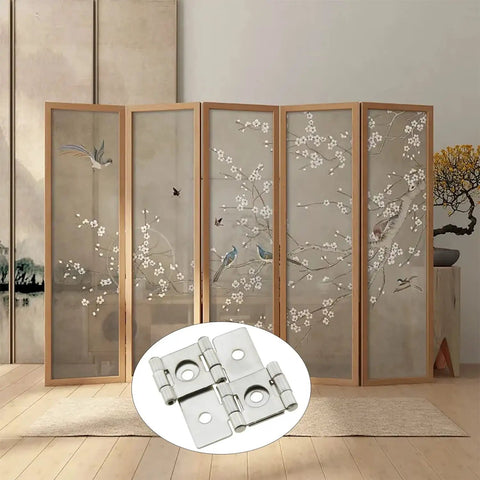 Heavy Duty Four Pack Double Acting Screen Hinges Featuring Smooth Three Sixty Degree Rotation Rust Resistant Nickel Finished Iron Frame With Included Mounting Hardware For Furniture Repair And Diy Upgrades Zero Hassle Install displayed with a decorative folding screen.