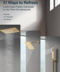 GRANDJOY 23" LED Shower System with Handheld Spray, Brushed Gold showing rainfall and handheld water flow features.