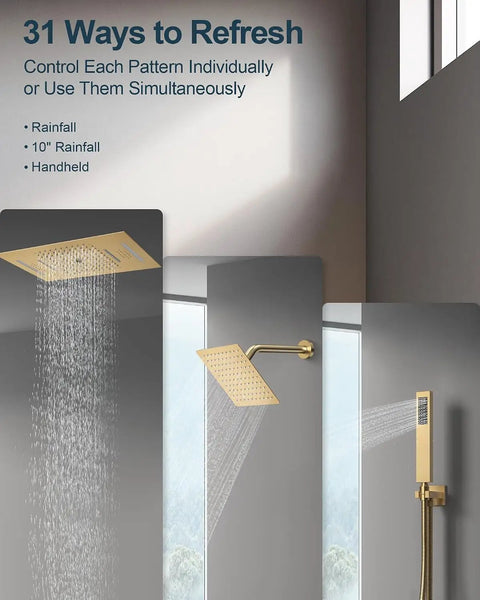 GRANDJOY 23" LED Shower System with Handheld Spray, Brushed Gold showing rainfall and handheld water flow features.